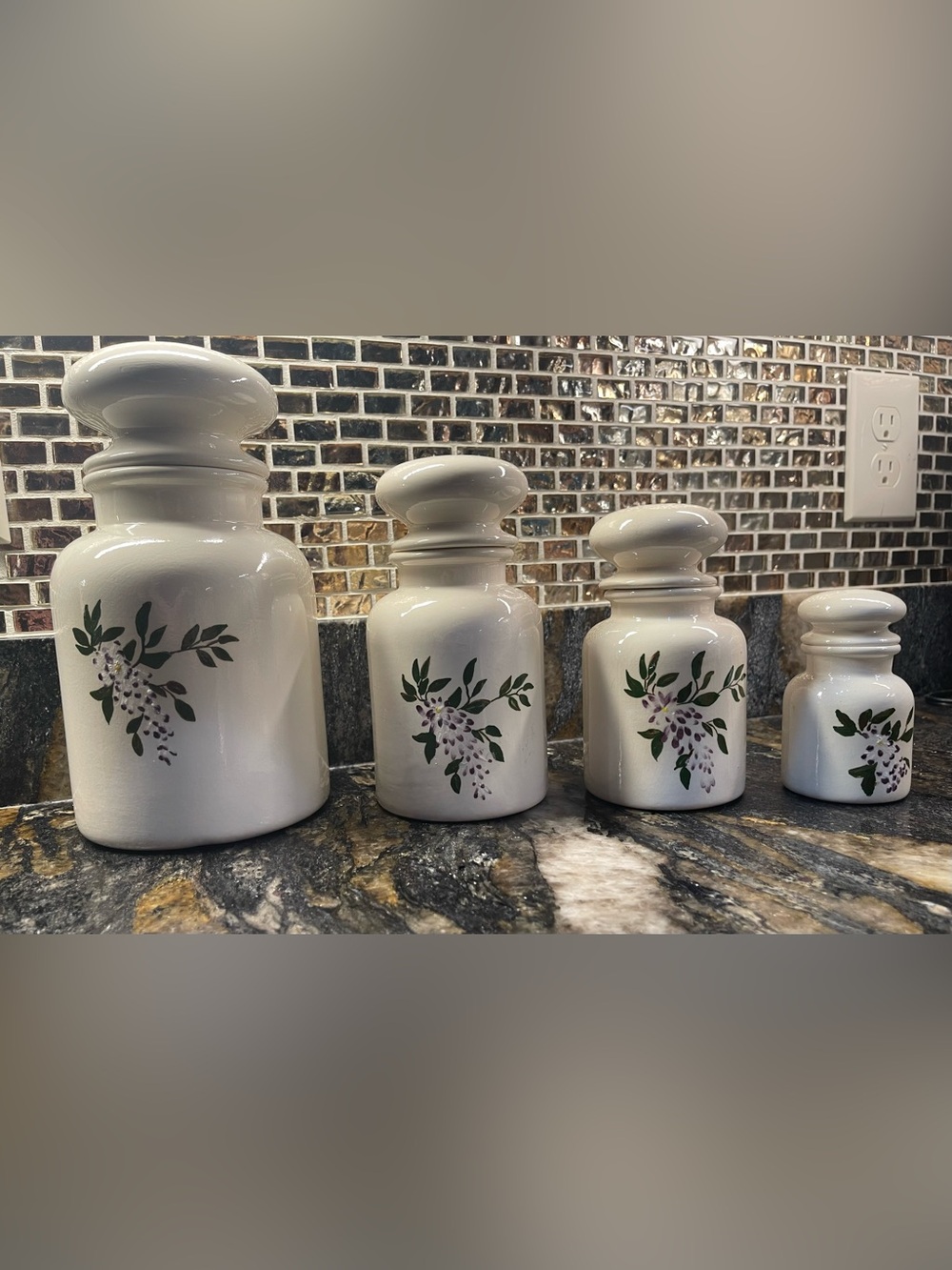 Antique Ceramic Canister Set Farmhouse Style Handmade/Painted - Wisteria
